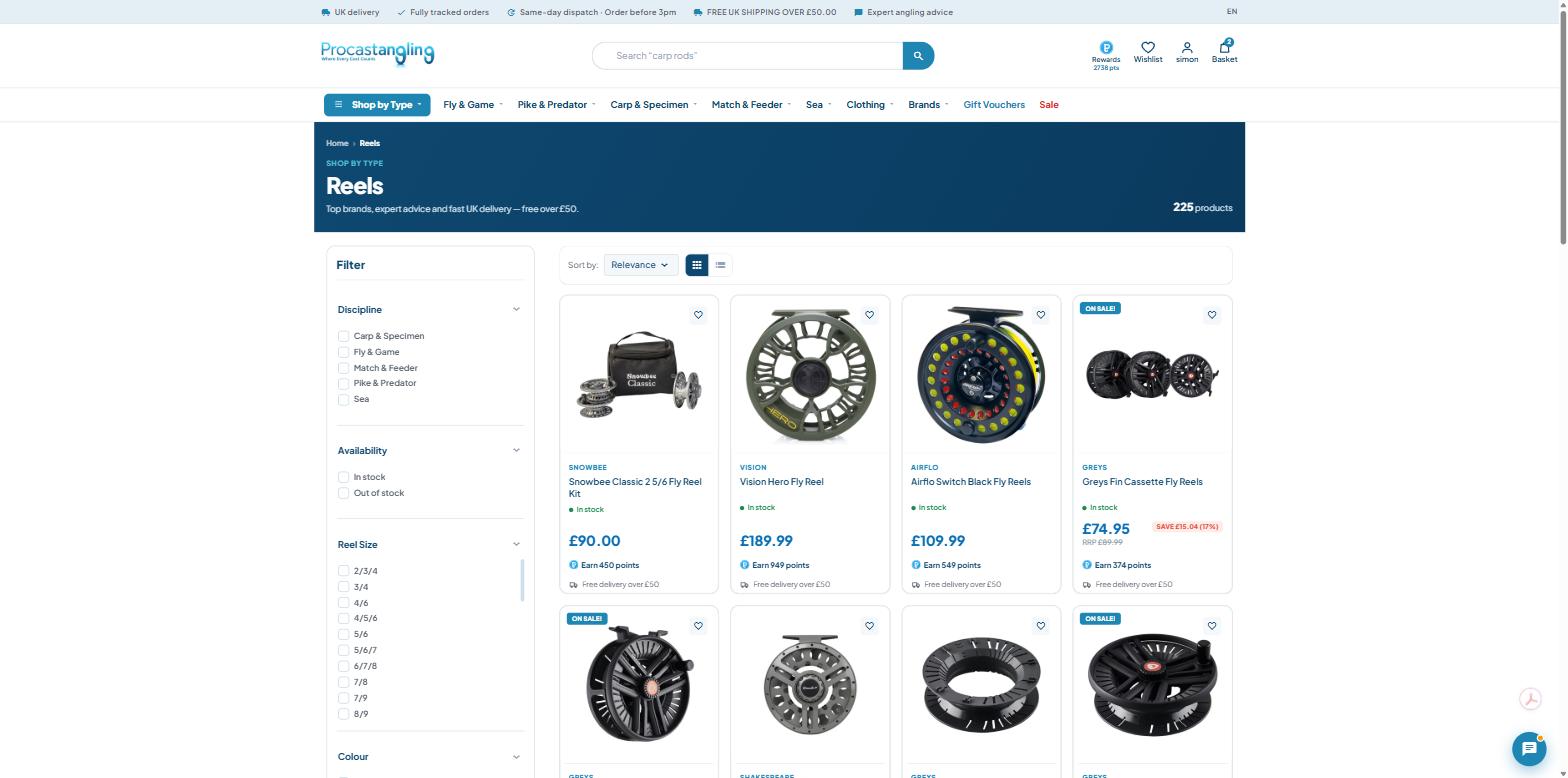 Reels category page with faceted filters for discipline, availability, reel size and colour