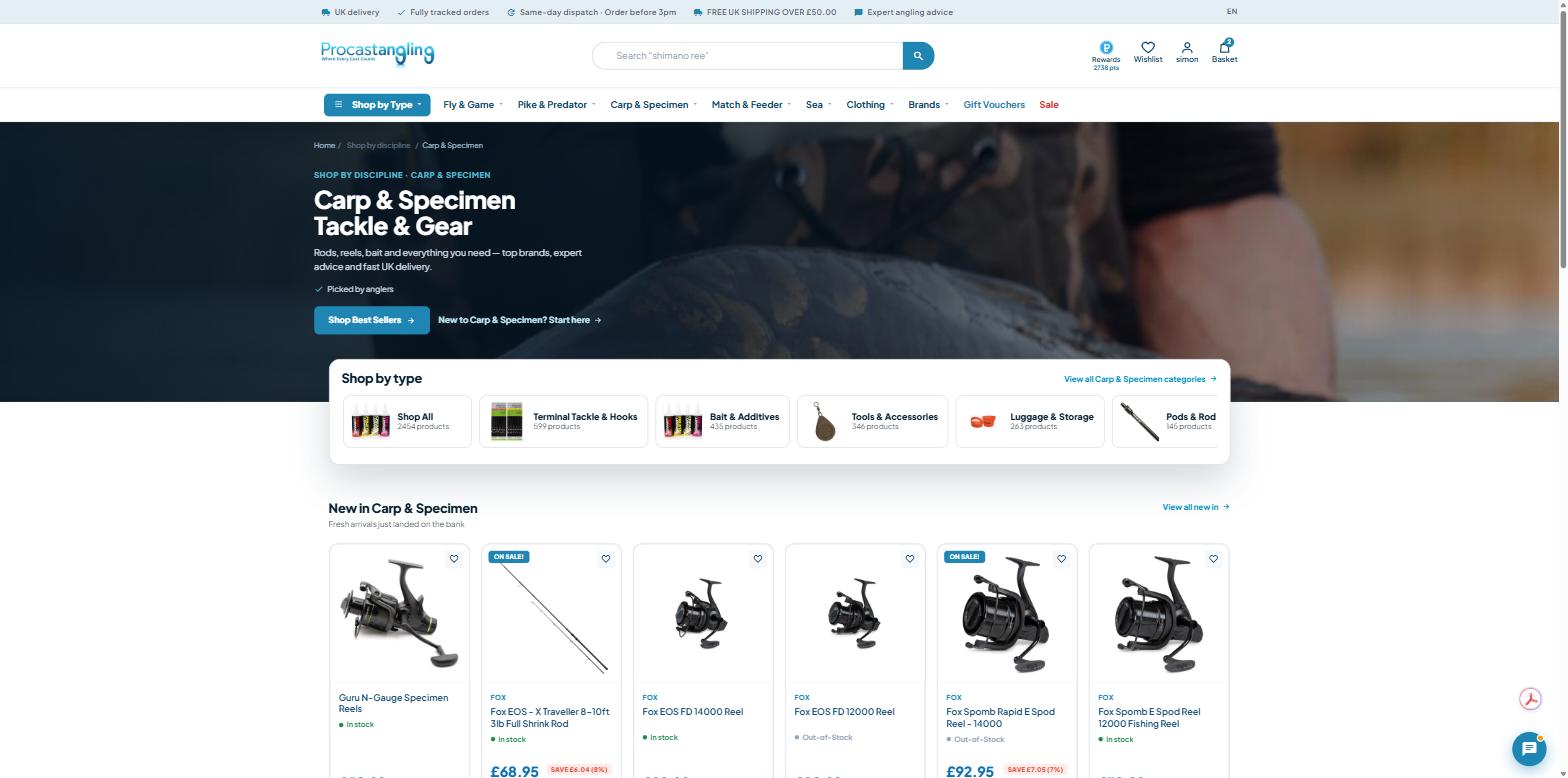 Custom Carp and Specimen discipline landing page with hero, shop-by-type cards and new-in products