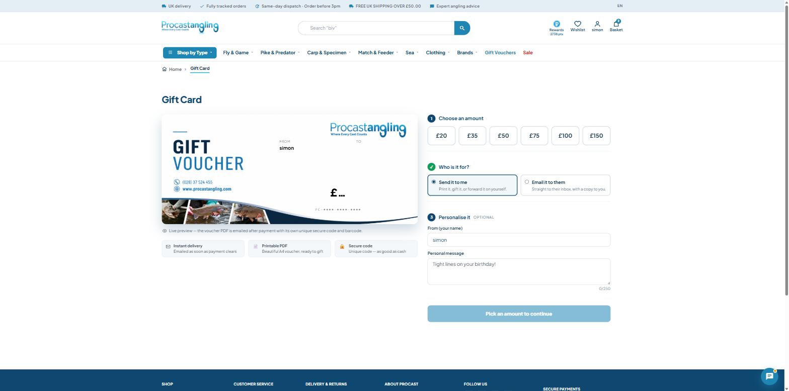 Procastangling gift-card builder with amount selection, delivery options, personal message and a live branded voucher preview
