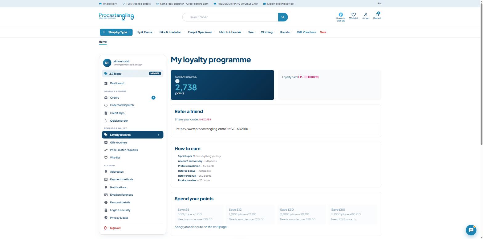 Procastangling loyalty portal showing points balance, referral code, how to earn and spend tiers