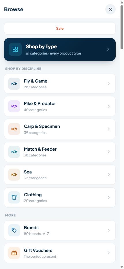 Procastangling mobile Browse menu organised by fishing discipline with live category counts
