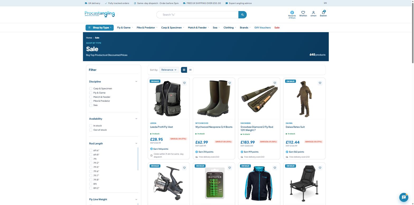 Procastangling Sale page showing 645 genuinely-reduced products with ON SALE badges and savings