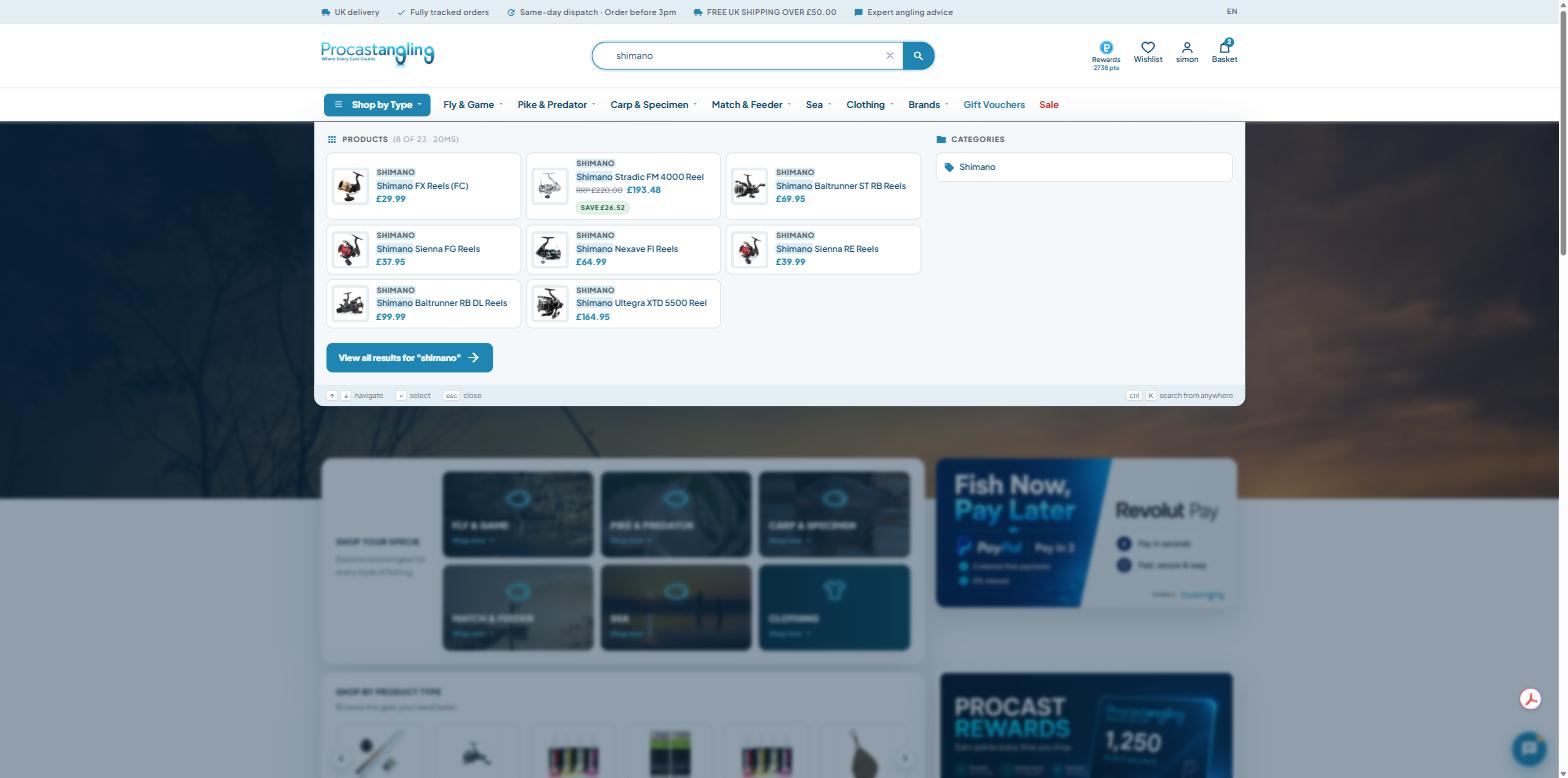 Procastangling instant search dropdown returning 8 of 23 results in 20 milliseconds with prices and savings